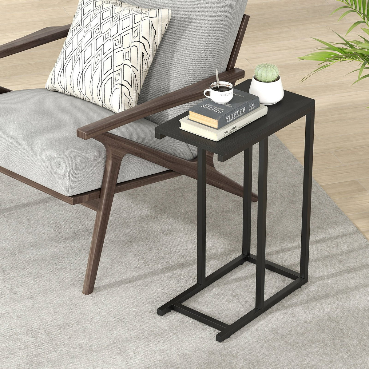 C-shaped Side Table with Heavy-duty Metal Frame-Black view 2