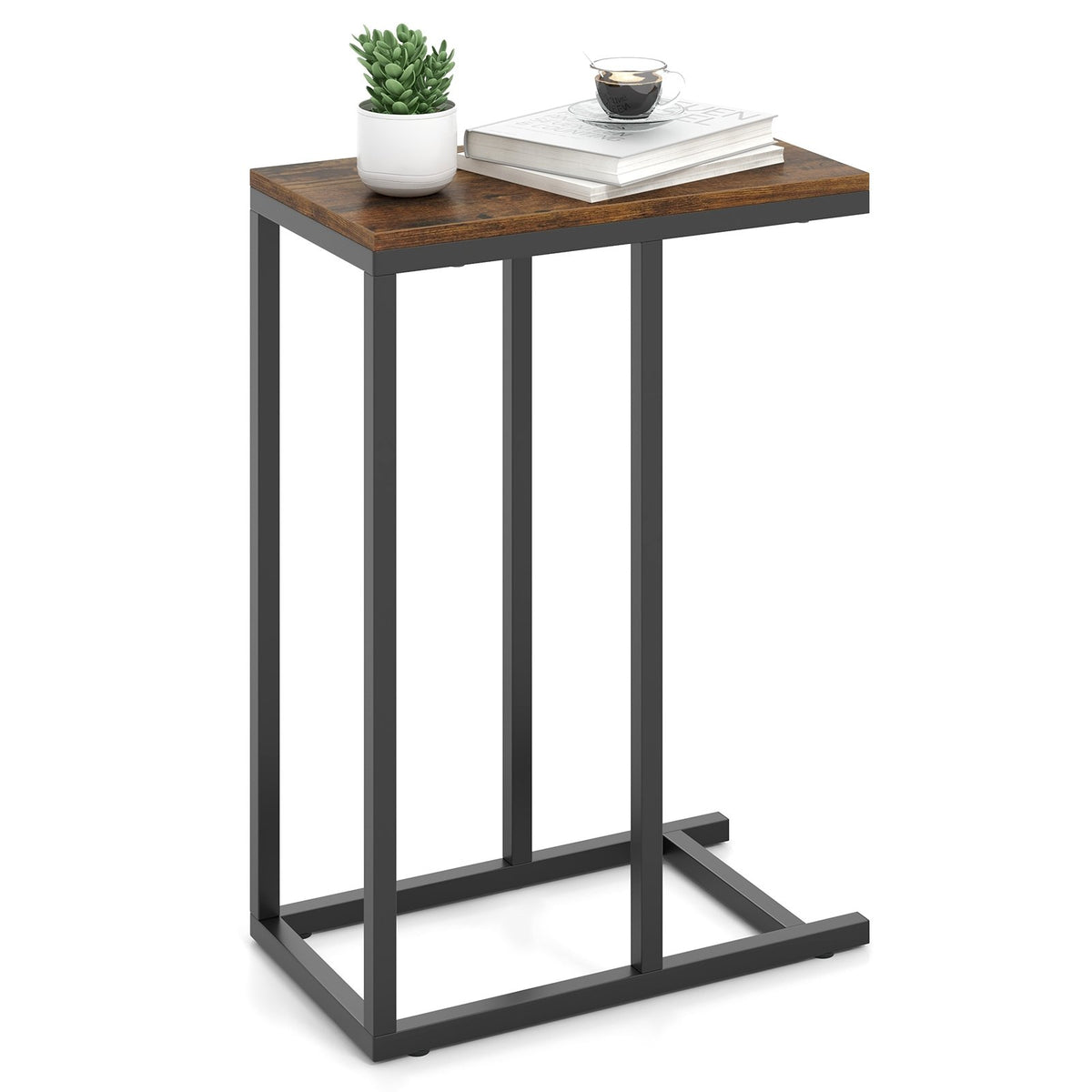 C-shaped Side Table with Heavy-duty Metal Frame-Rustic Brown view 4