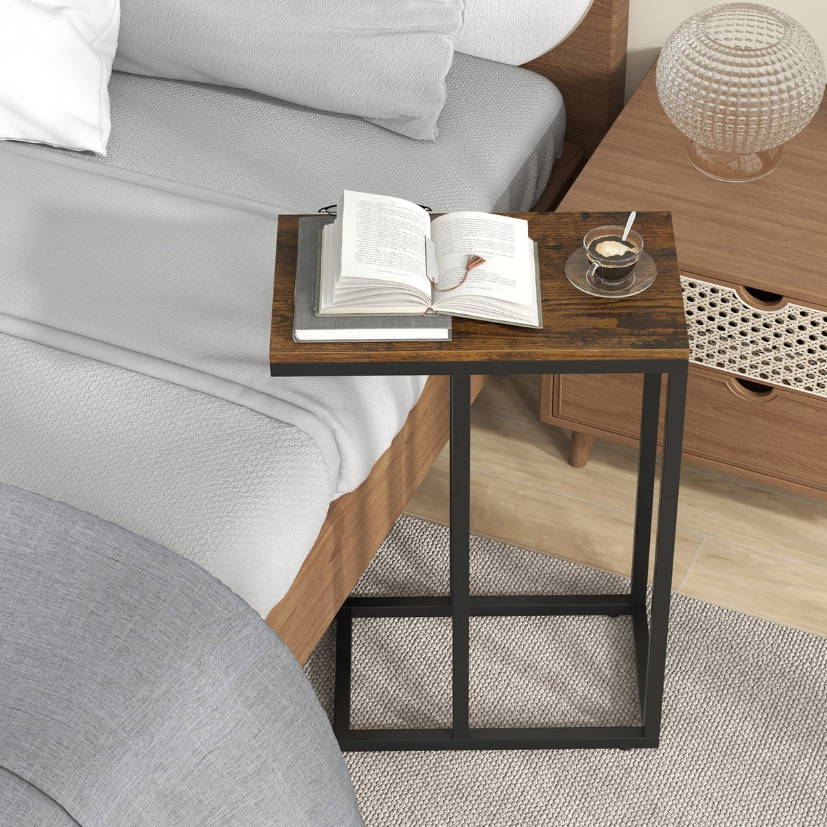 C-shaped Side Table with Heavy-duty Metal Frame-Rustic Brown view 6