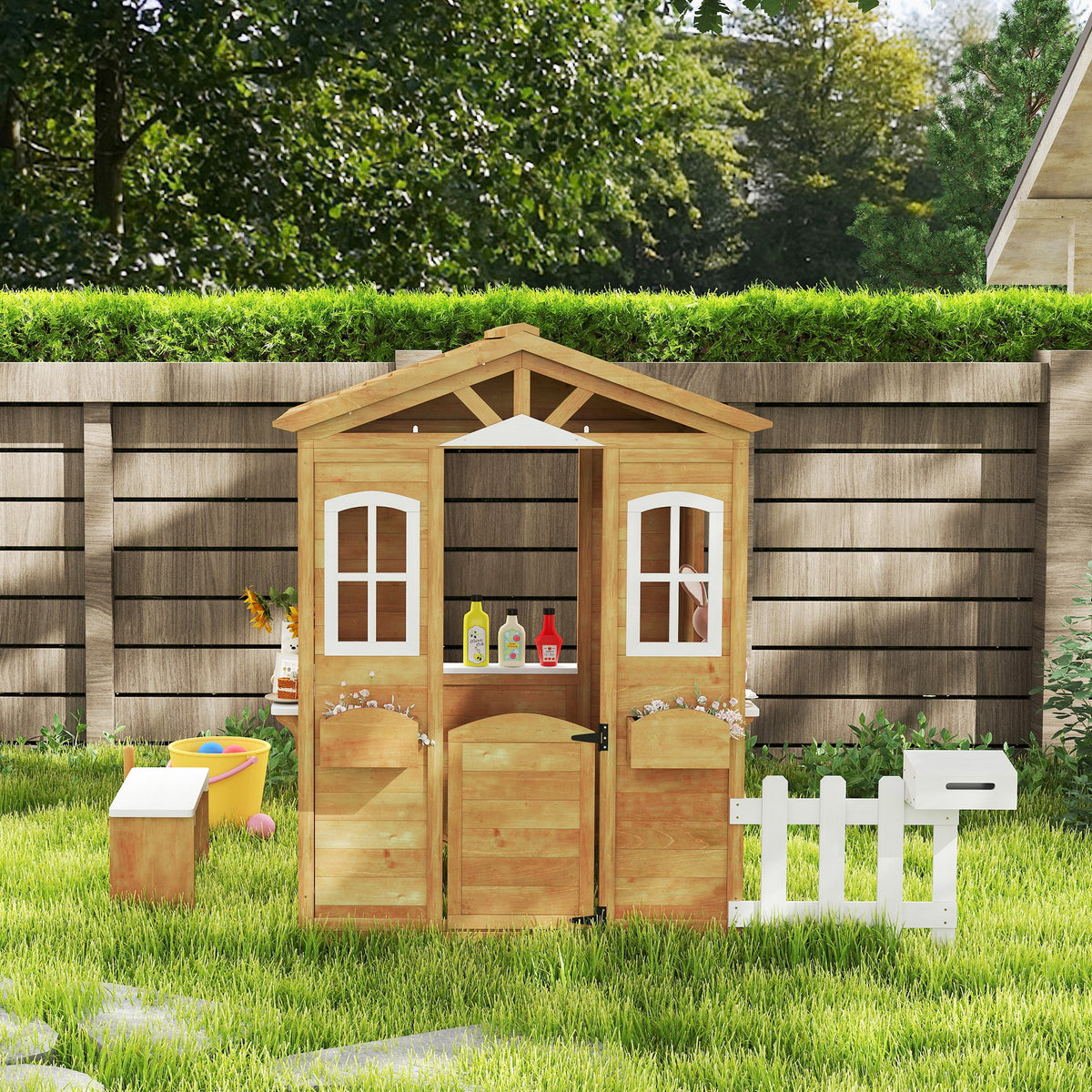 Wooden Kids Playhouse with Door Windows Mailbox Flower Pot Holder Serving Station Bench Yellow