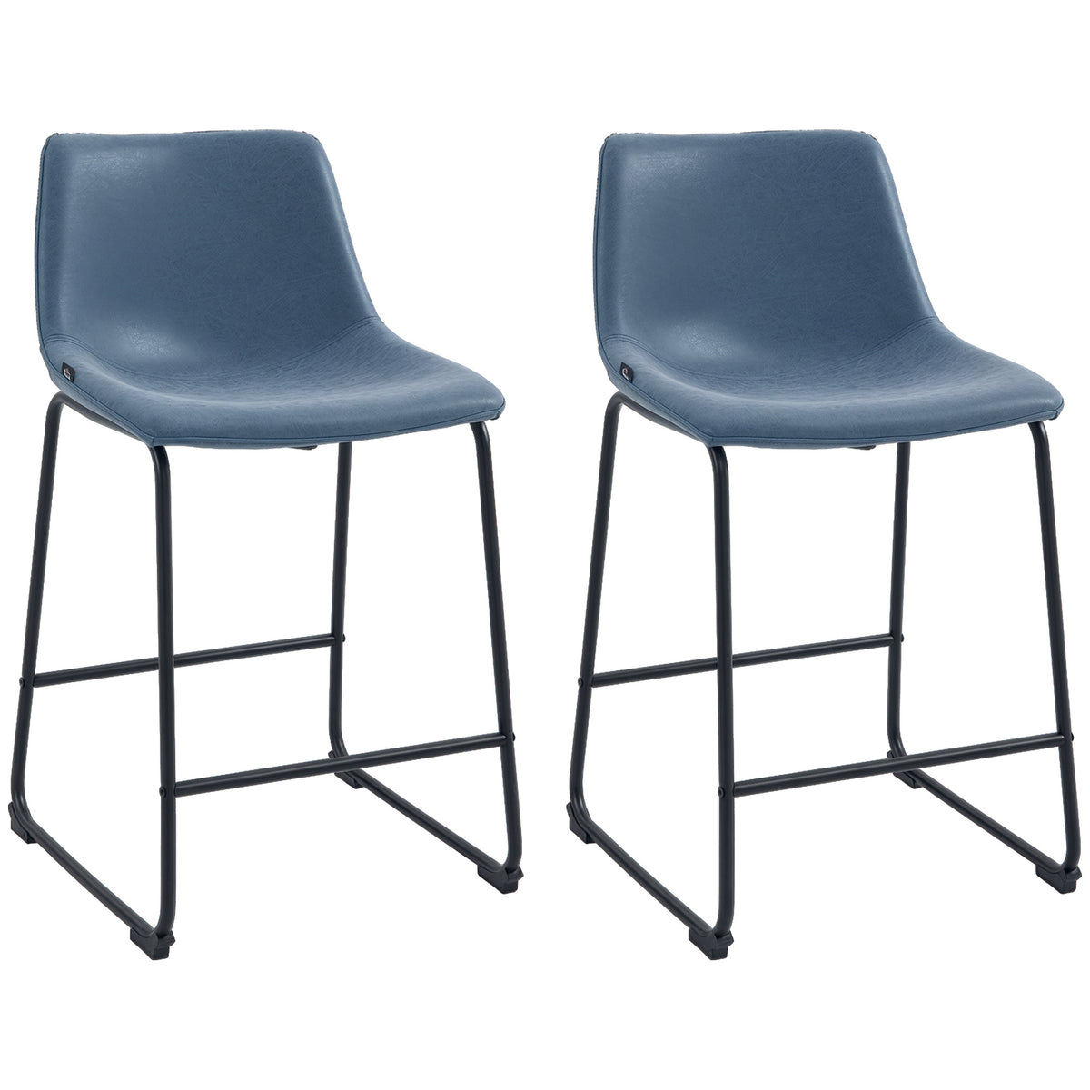 Counter Height Bar Stools Set of 2, Vintage PU Leather Bar Chairs, Kitchen Stools w/ Footrest for Home Bar, Blue