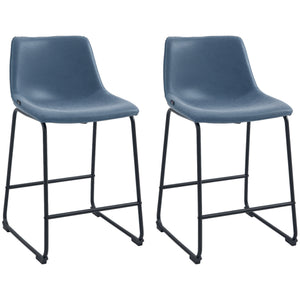 Counter Height Bar Stools Set of 2, Vintage PU Leather Bar Chairs, Kitchen Stools w/ Footrest for Home Bar, Blue