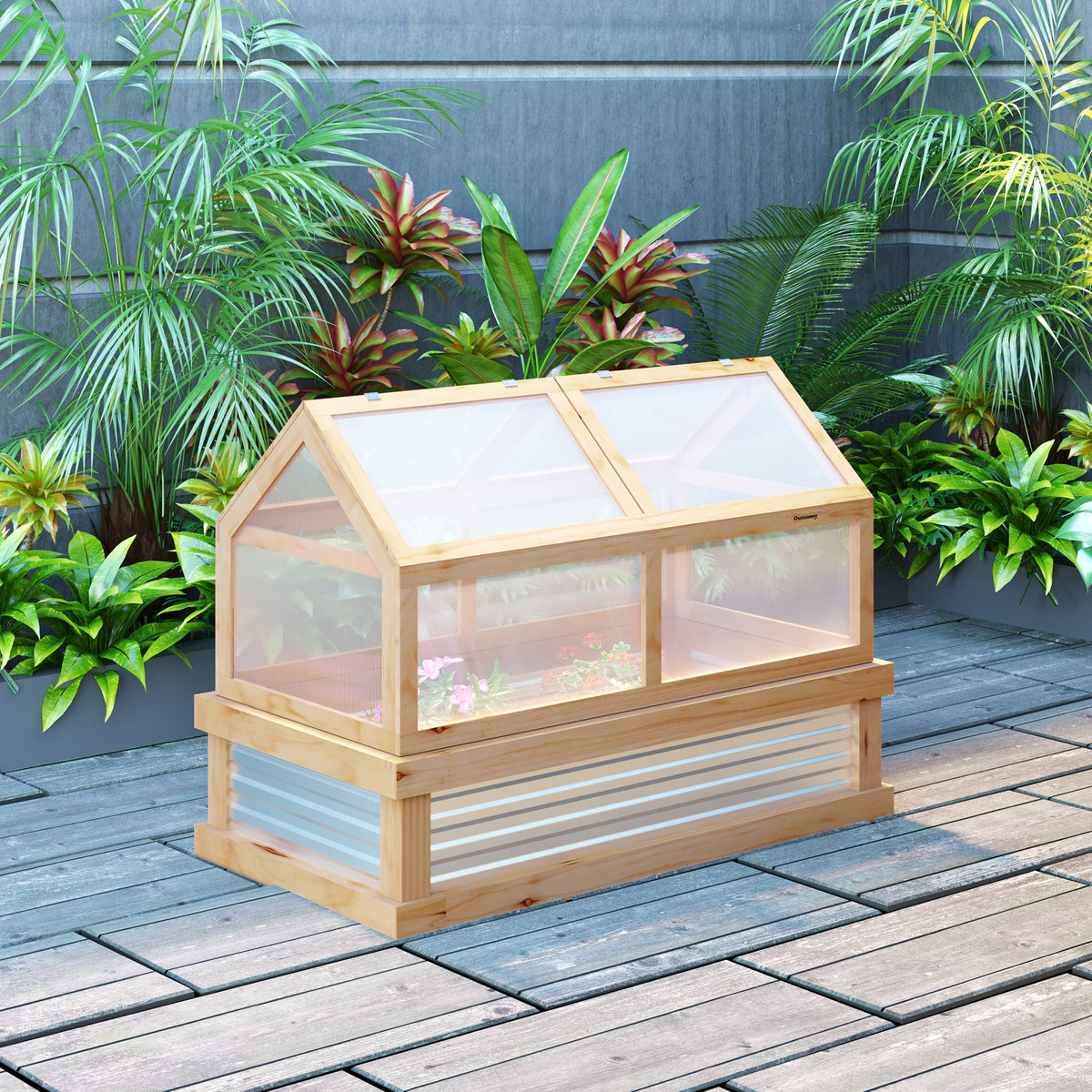 Raised Garden Flower Bed Kit with Greenhouse, Wooden Cold Frame Planter with Open Roofs, 48" x 24" x 32" – view 7