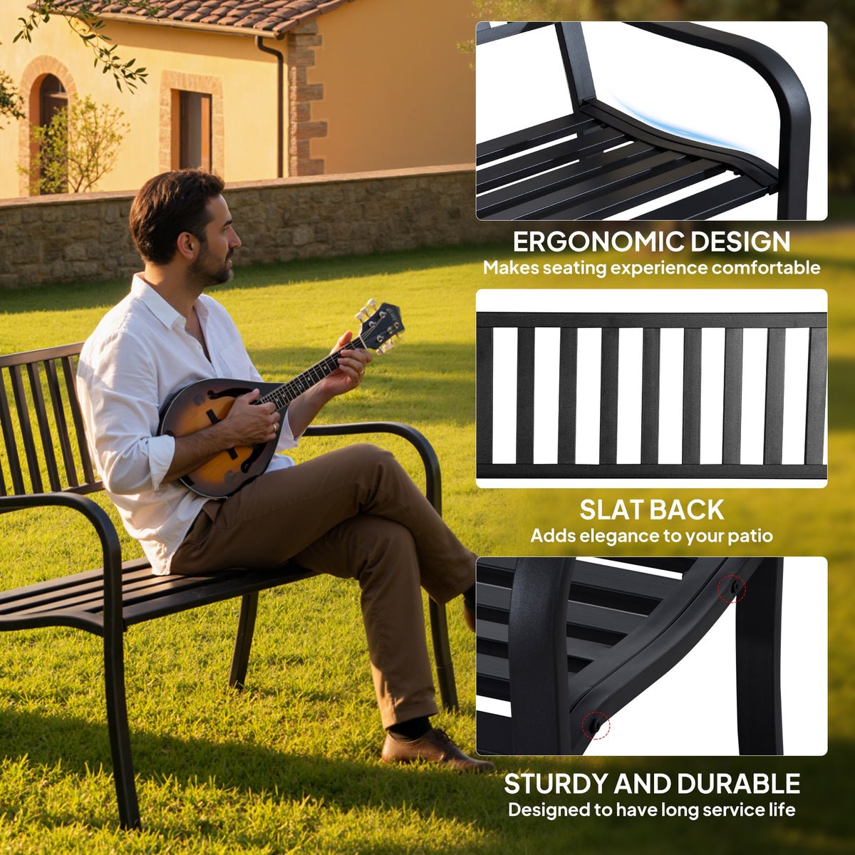50" Steel Garden Bench Patio Metal Backyard Park Chair Outdoor Seat Furniture, Black