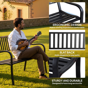 50" Steel Garden Bench Patio Metal Backyard Park Chair Outdoor Seat Furniture, Black