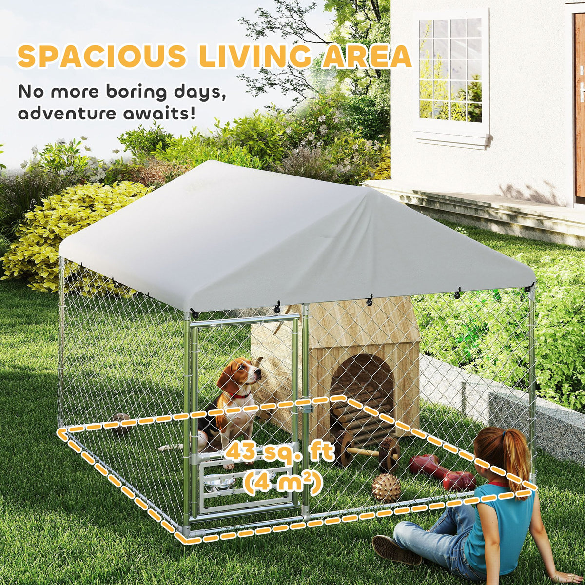 Outdoor Dog Run w/ Adjustable & Rotating Bowls, Water-Resistant UV-Resistant Cover, Secure Lock, 6.6' x 6.6' x 5.1'