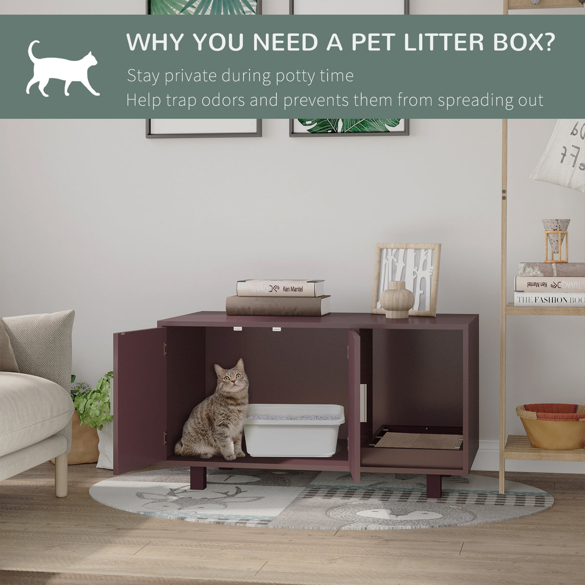Cat Litter Box Enclosure, Hidden Litter Box Furniture, Cat House End Table Washroom with Scratching Pad – view 8