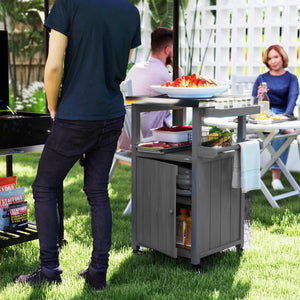 Grill Table with Stainless Steel Top, Pizza Oven Table with Storage Cabinet, Spice Rack, Wheels, Handle, Dark Grey