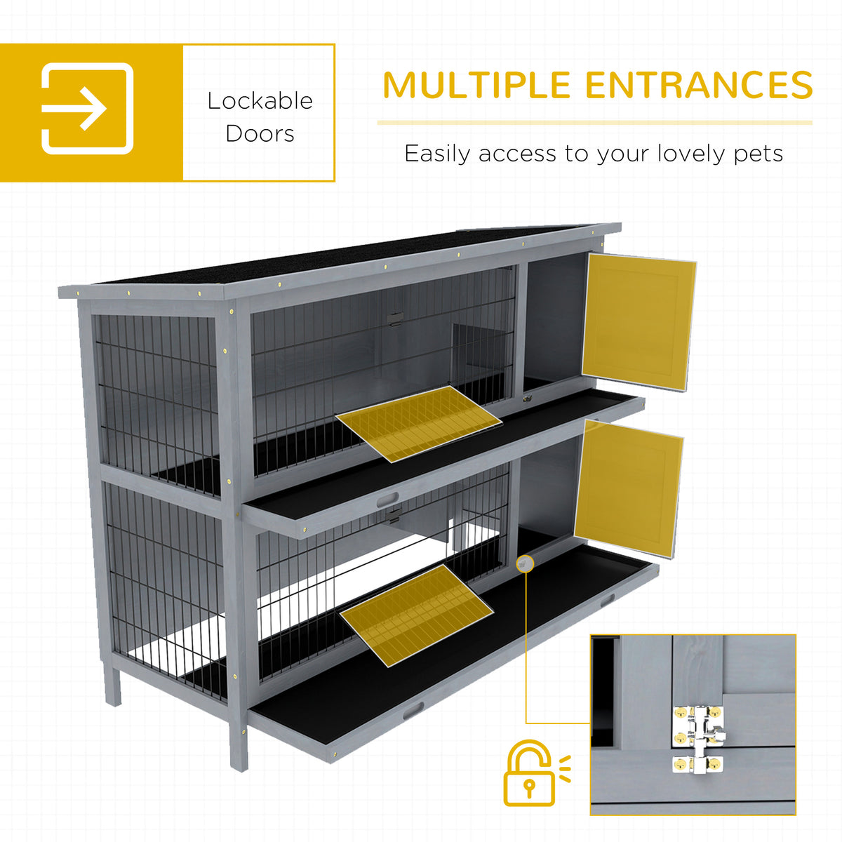 2 Tier Wooden Rabbit Hutch Bunny Pet House Wooden Coop Run, Grey