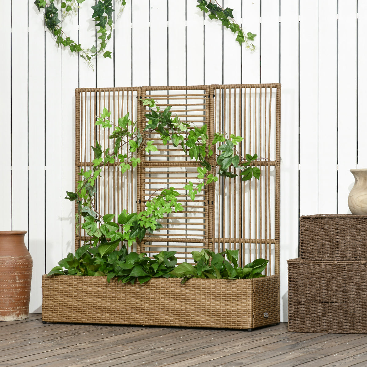 Raised Garden Bed with Lattice Trellis, Rattan Outdoor Planter with Storage for Garden, Patio, Balcony – view 14