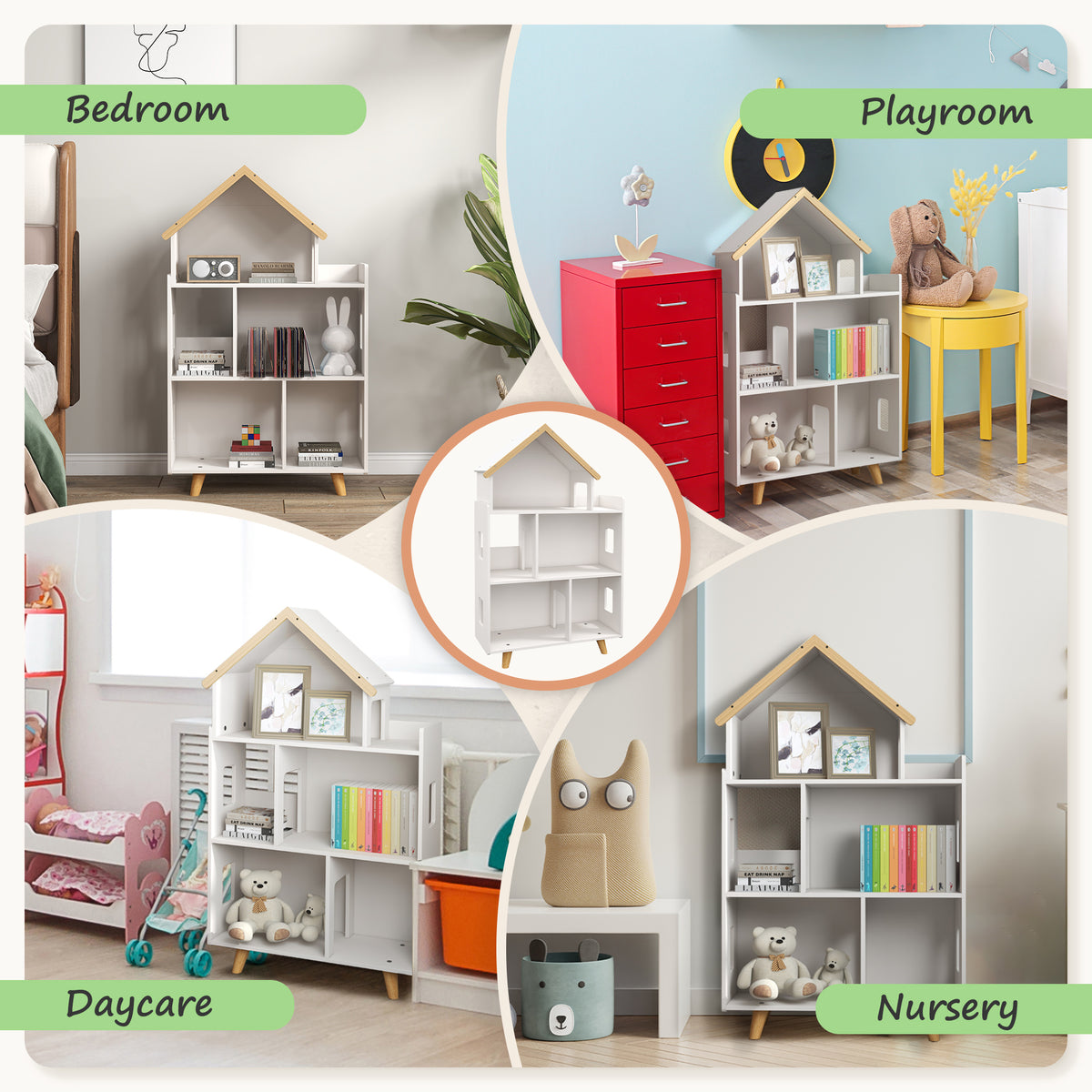 Qaba Toy Storage Organizer Cabinet, 3-Tier Kids Bookshelf for Playroom, Kids Room, Nursery, Kindergarten, White
