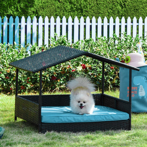 Rattan Dog House with Canopy, Wicker Dog Bed with Water-Resistant Cushion, for Small and Medium Breeds Blue