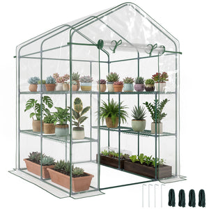 56" x 56" x 77" Walk-in Greenhouse, Portable Garden Flower Seed Warm House with 8 Shelves, Outdoor Plant Growth Hot House, PVC Cover, Transparent
