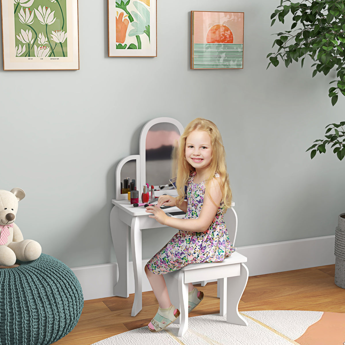 Qaba Kids Dressing Table and Chair Set, Girls Dressing Set, Makeup Desk with Drawer for 3-6 Years Old Kids