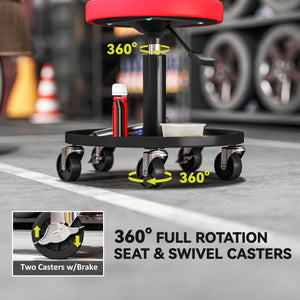 Rolling Garage Stool, 300 LBS Capacity Padded Mechanic Stool with 2.5" Wheels, Adjustable Height 15" -19.7", Red