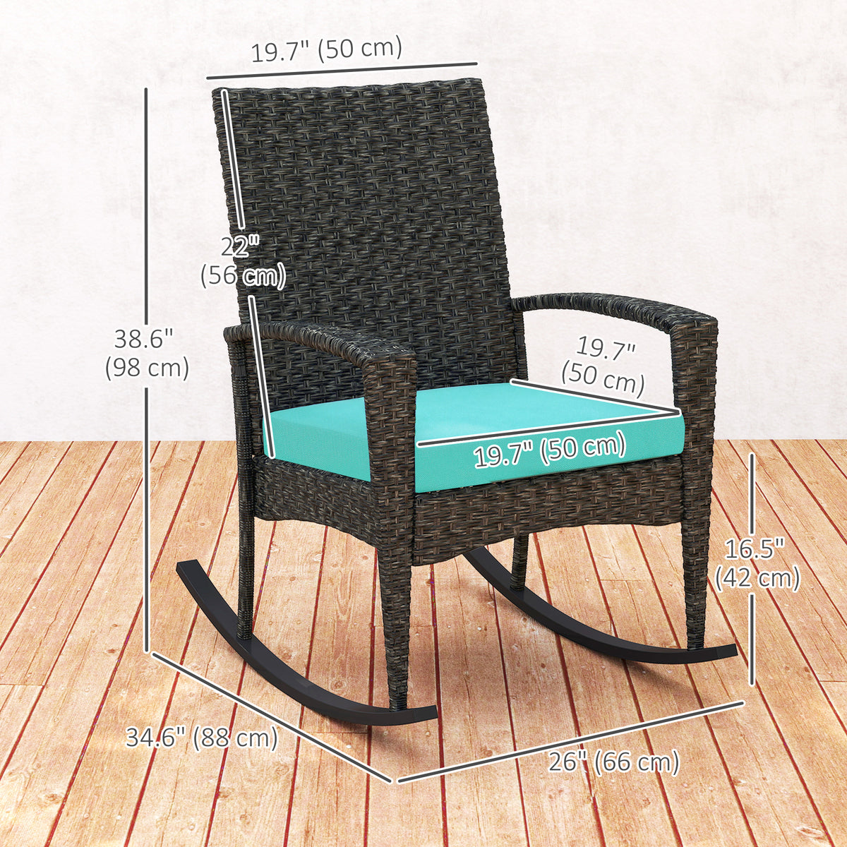 Outdoor Rocking Chair, Patio Wicker Chair Removable Cushion, High Back and Armrests for Porch Balcony, Turquoise