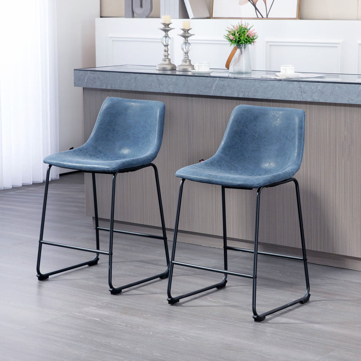 Counter Height Bar Stools Set of 2, Vintage PU Leather Bar Chairs, Kitchen Stools w/ Footrest for Home Bar, Blue