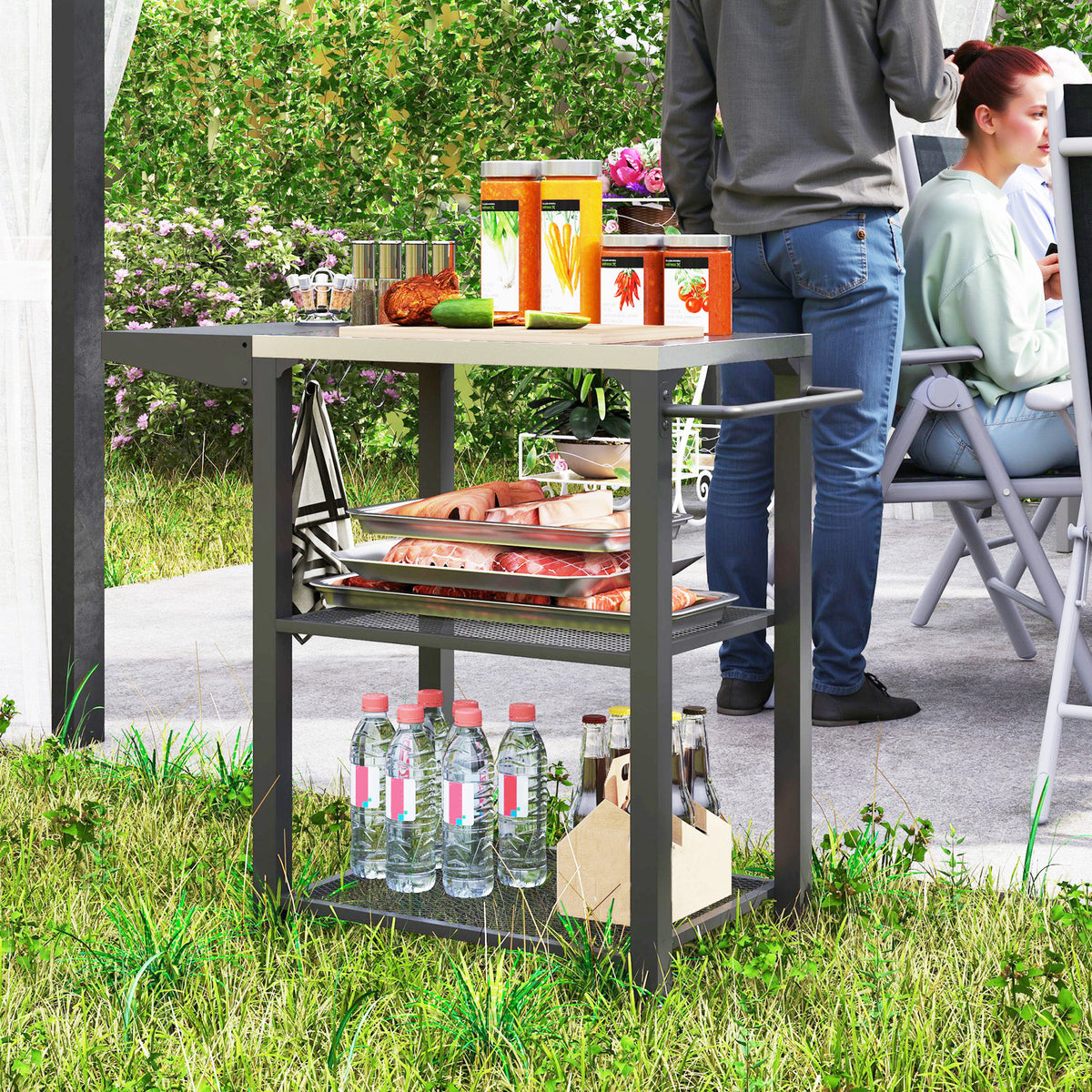 3-Shelf Outdoor Grill Cart Table with Side Handle, Stainless Steel Pizza Oven Stand on Wheels, Black – view 14