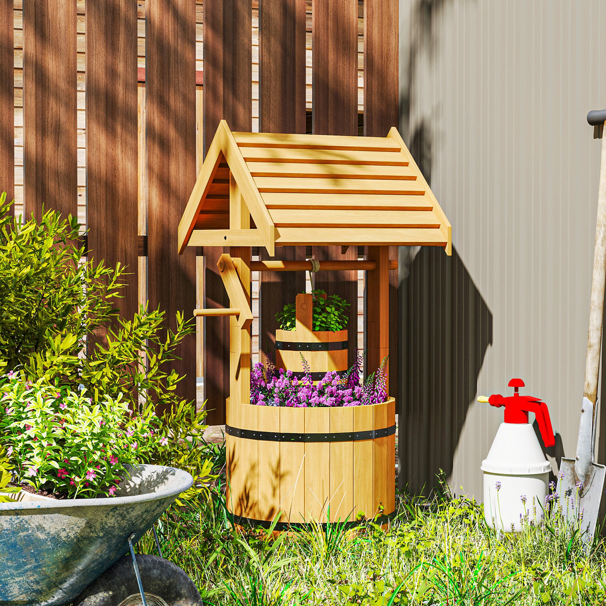 Wood Wishing Well Outdoor Wooden Planter with Hanging Bucket and Drainage Hole for Garden, Patio, Backyard, Natural