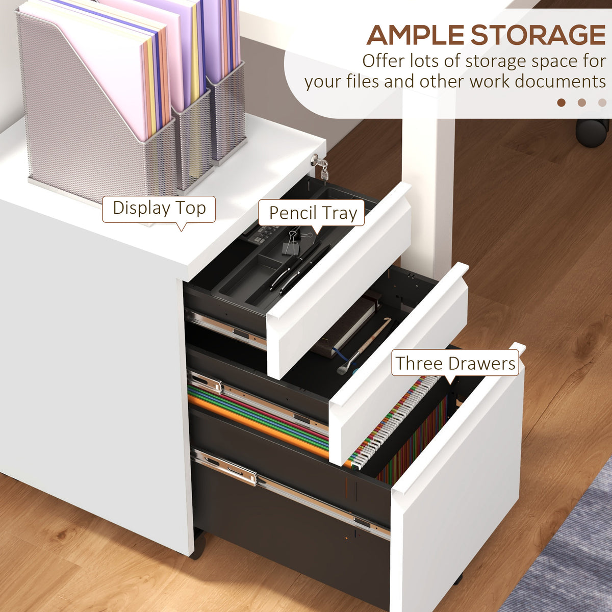 3 Drawer File Cabinet with Lock, Steel Vertical Filing Cabinet with 5 Wheels and Hanging Bar for – view 10