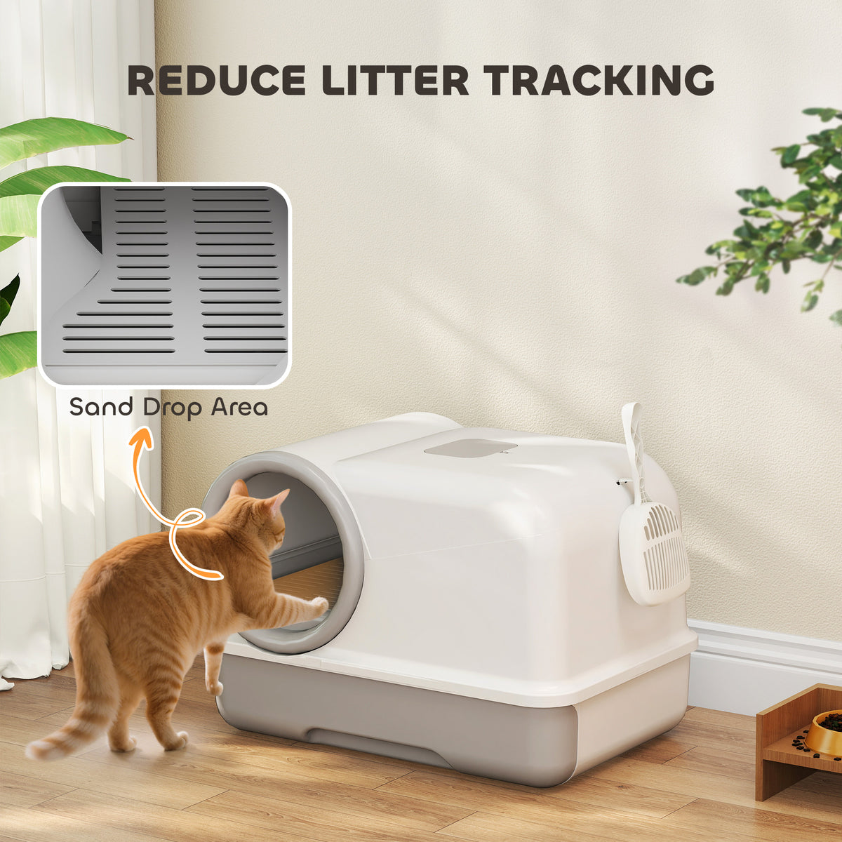Cat Litter Box Easy Clean Drawer Odor Control Hooded Cat Litter Tray with Scoop White and Grey