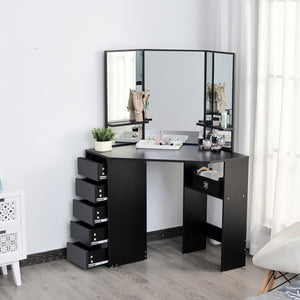 Corner Vanity Desk with Mirror, Makeup Vanity Table with 5 Drawers and Open Shelves – view 5