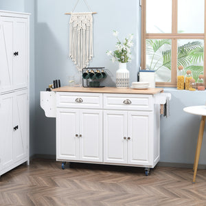 Kitchen Island with Storage, Rolling Kitchen Island with Drop Leaf, Rubber Wood Top and Adjustable Shelves, White