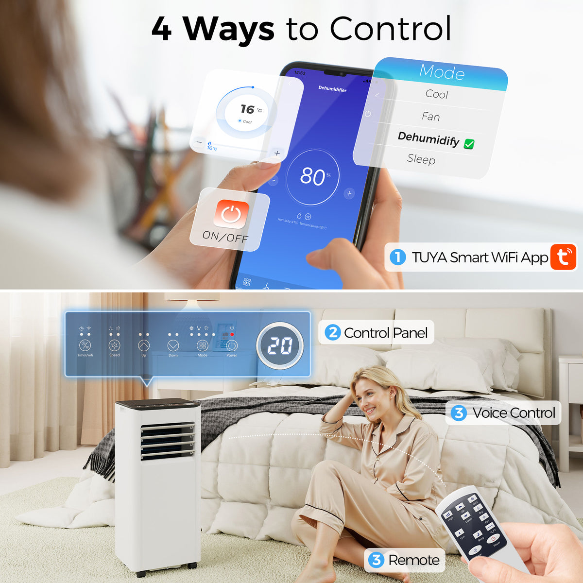 8000 BTU Portable Air Conditioner, AC Unit with Dehumidifier, Fan, WiFi Voice Remote Control, for Room up to 344 Sq. ft