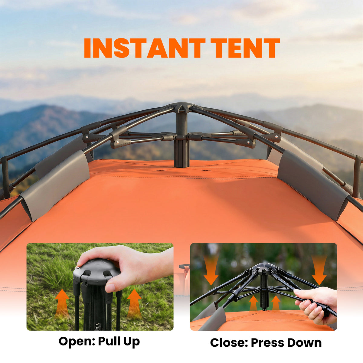 Pop up Camping Tent, 3-4 Man Family Tent, 3000mm Waterproof, with Carry Bag and Top Hook, Dark Grey and Orange