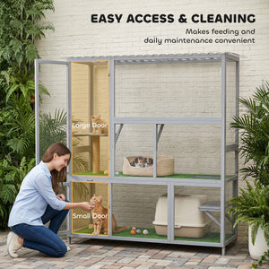Catio Outdoor Cat Enclosure, 77" H Wooden Cat House with Weatherproof Roof, Platforms and Scratching Post