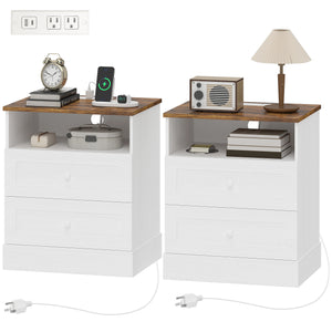 Nightstand with Charging Station 2 Drawers Bedside Table Set of 2 White and Oak
