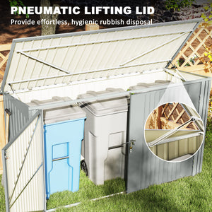 7.6 x 3.4ft Outdoor Storage Shed, 3 Garbage Bin Shed Organizer with Lockable Double Doors, Openable Lid, Silver Grey