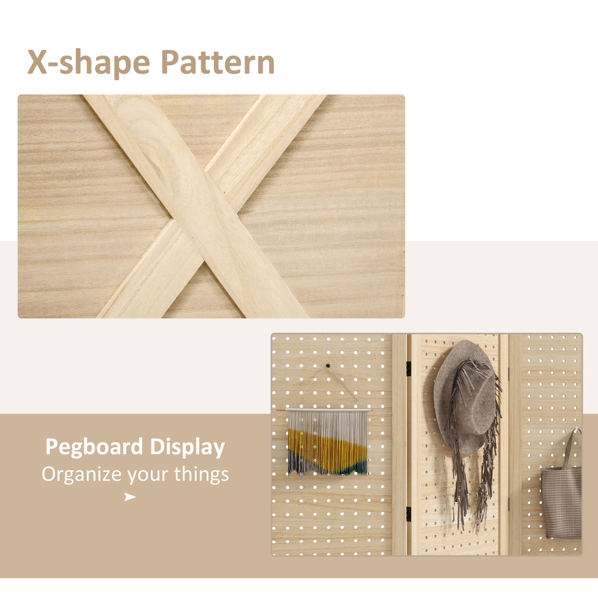 4.7' 3 Panel Wooden Room Divider with Pegboard Display, Folding Privacy Screen for Home Office, Natural – view 3