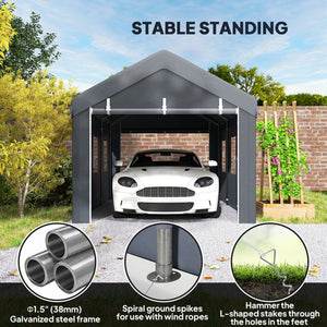 10' x 20' Carport, Heavy Duty Portable Garage with 6 Mesh Windows and 2 Doors, Dark Grey – view 6