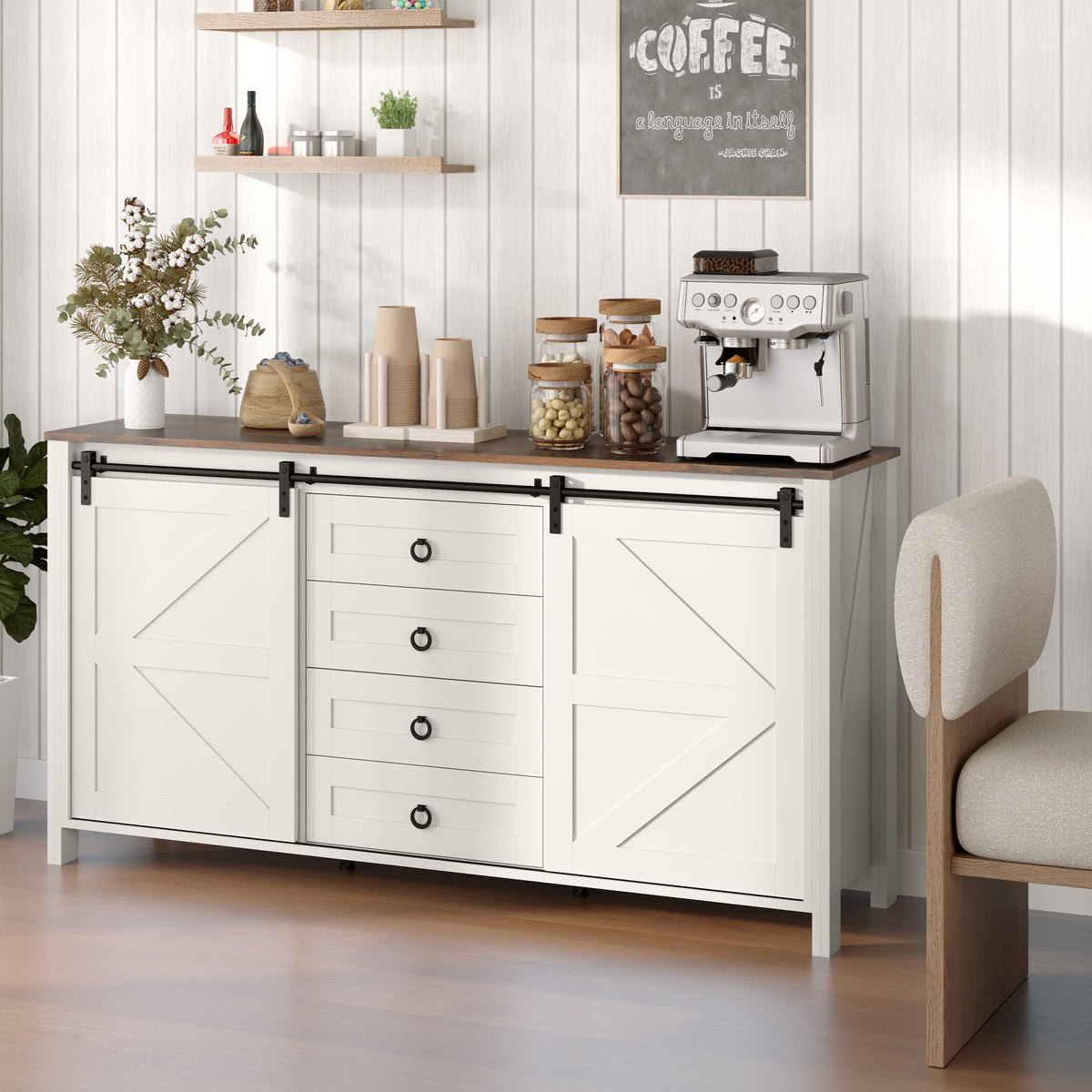 60" Buffet Cabinet, Farmhouse Sideboard with Sliding Barn Doors, Drawers and Adjustable Shelves, Cream White – view 7