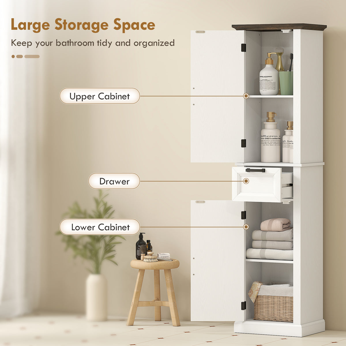 65" Tall Bathroom Storage Cabinet, Freestanding Farmhouse Slim Bathroom Cabinet with 2 Doors, Shelves and Drawer, White