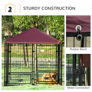 Outdoor Dog Kennel, Lockable Pet Playpen Crate, Welded Wire Steel Fence, Rotating Bowl Holders, Red