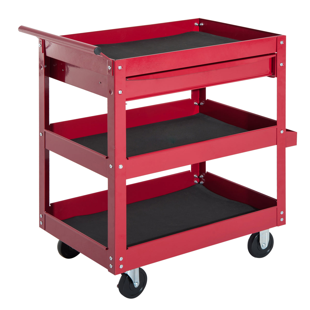 3-Tier Rolling Tool Cart with Drawer and Side Box, 132 LBS Capacity Steel Utility Cart, Mobile Service Tool Organizer for Garage, Warehouse, Workshop, Red