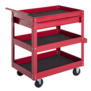 3-Tier Rolling Tool Cart with Drawer and Side Box, 132 LBS Capacity Steel Utility Cart, Mobile Service Tool Organizer for Garage, Warehouse, Workshop, Red