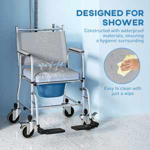 Rolling Shower Chair, Bedside Commode Wheelchair with Padded Seat, Backrest, for Seniors, Disabled, 300 lbs, Grey
