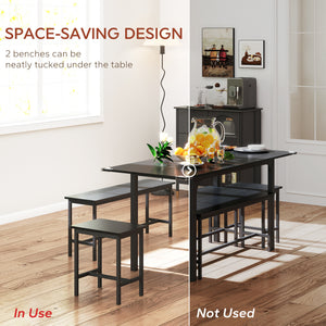 Extendable Dining Table Set, 5-Piece Dining Set for 4-6 with 2 Benches and 2 Stools for Small Spaces, Black