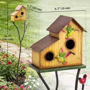 57" Outdoor Bird House with Pole, Metal Bird Houses for Outside, Double-Hole Birdhouse Outdoor Decoration, Yellow