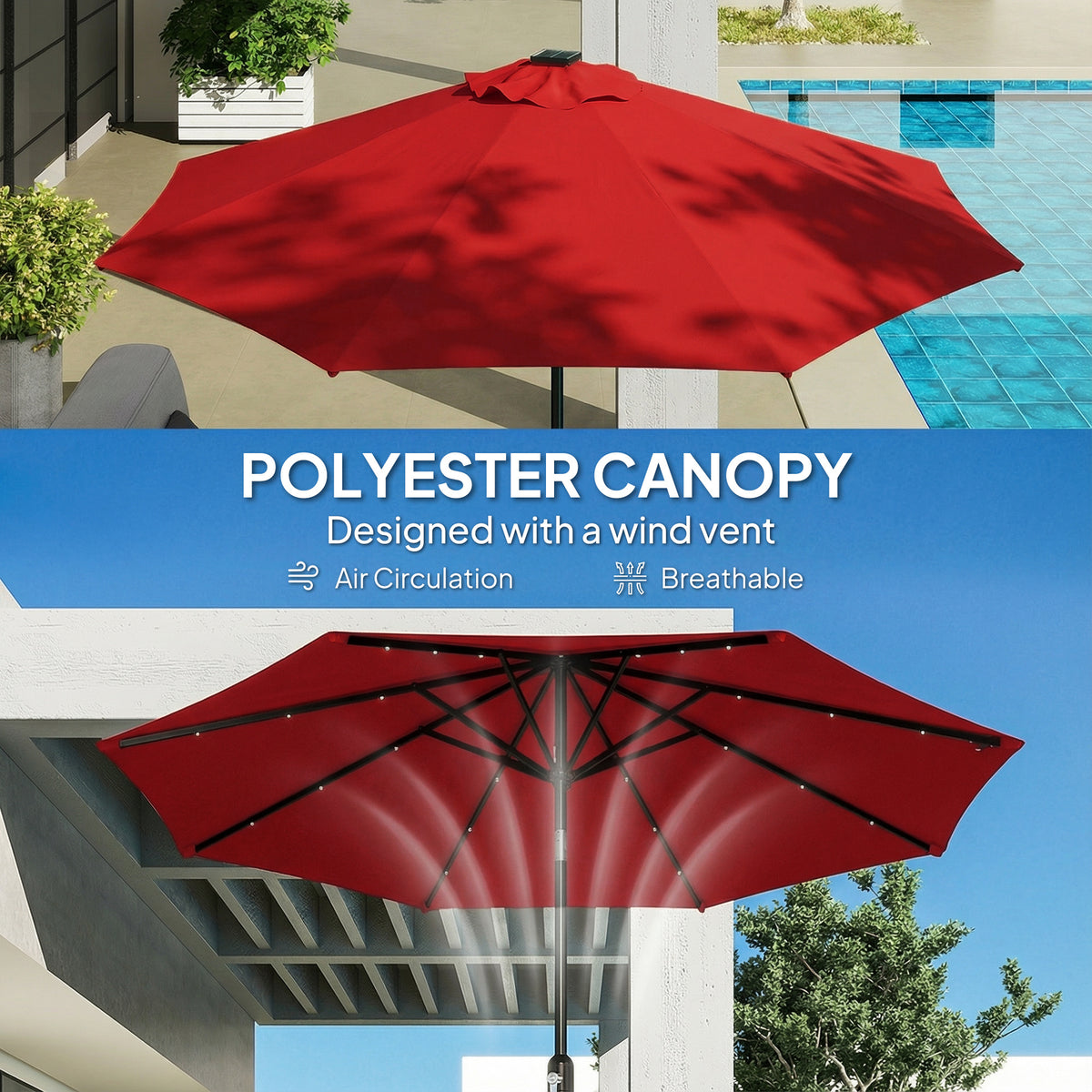 9ft Solar Patio Umbrella Outdoor Sunshade 24 LED Lights Tilt Canopy Wine Red – view 5