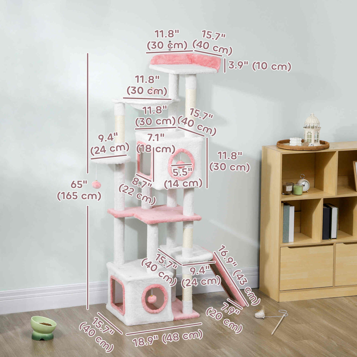 65 Inch Cat Tree with 2 Doors Condos, Plush Top Perch, Hammock, Sisal Scratching Posts, 4 Pompoms, Ramp – view 9