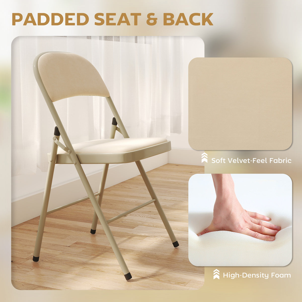 4 Pack Folding Chairs with Padded Seats, Velvet Portable Party Chairs with Steel Frame, Beige – view 4