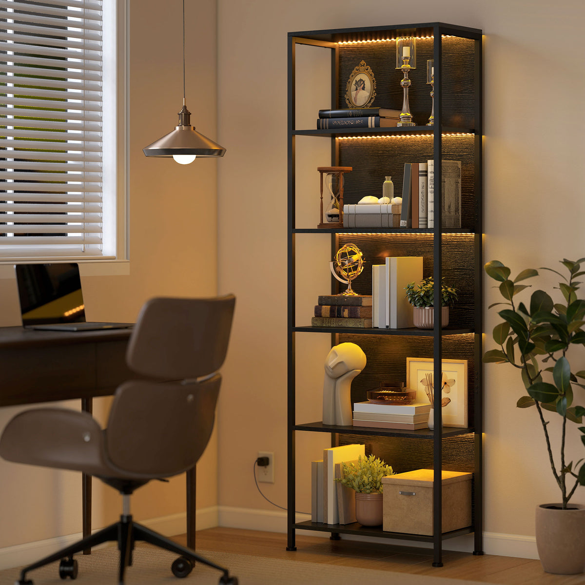 5-Tier Bookshelf, Freestanding Bookcase with LED Lights and Metal Frame for Living Room, Bedroom, Home Office, Black