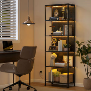 5-Tier Bookshelf, Freestanding Bookcase with LED Lights and Metal Frame for Living Room, Bedroom, Home Office, Black