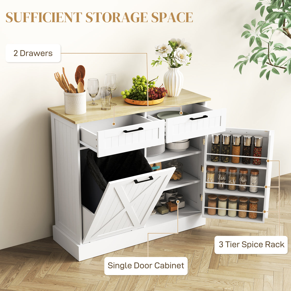 10 Gallon Hidden Garbage Bin Cabinet, Tilt Out Trash Cabinet w/ 2 Drawers, Freestanding Kitchen Island – view 12