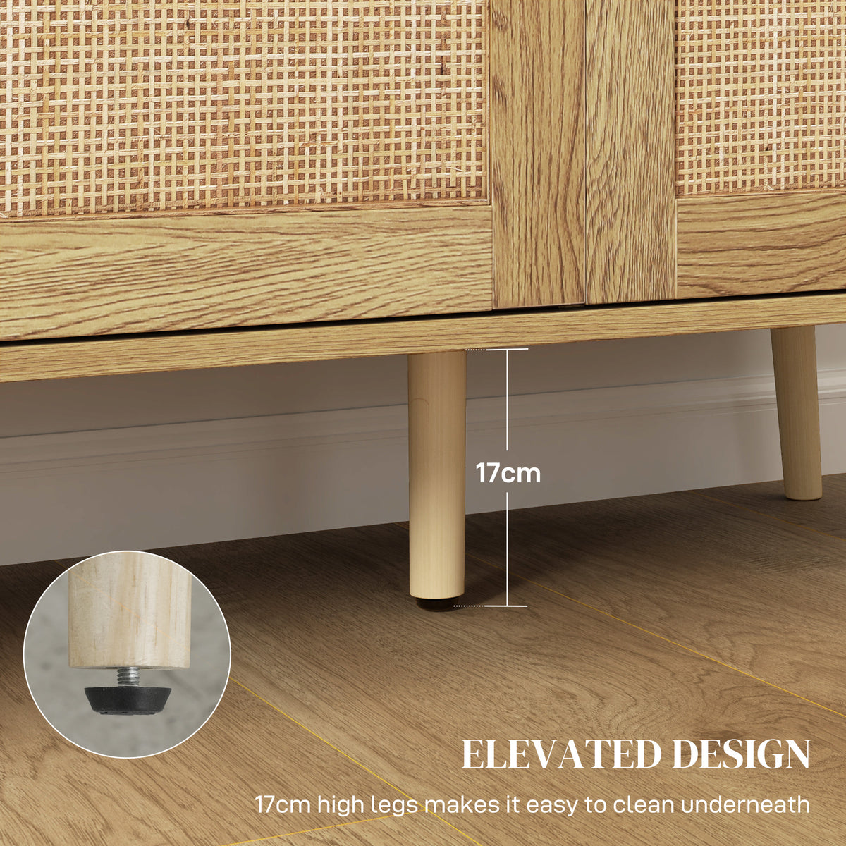 Bohemian Sideboard with Rattan Doors & Adjustable Shelf, Natural Wood Finish