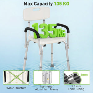 Adjustable Medical Shower Chair with Back, Bathtub Bench Bath Seat with Padded Arms, Non Slip Tub Safety for Disabled, Seniors, Elderly